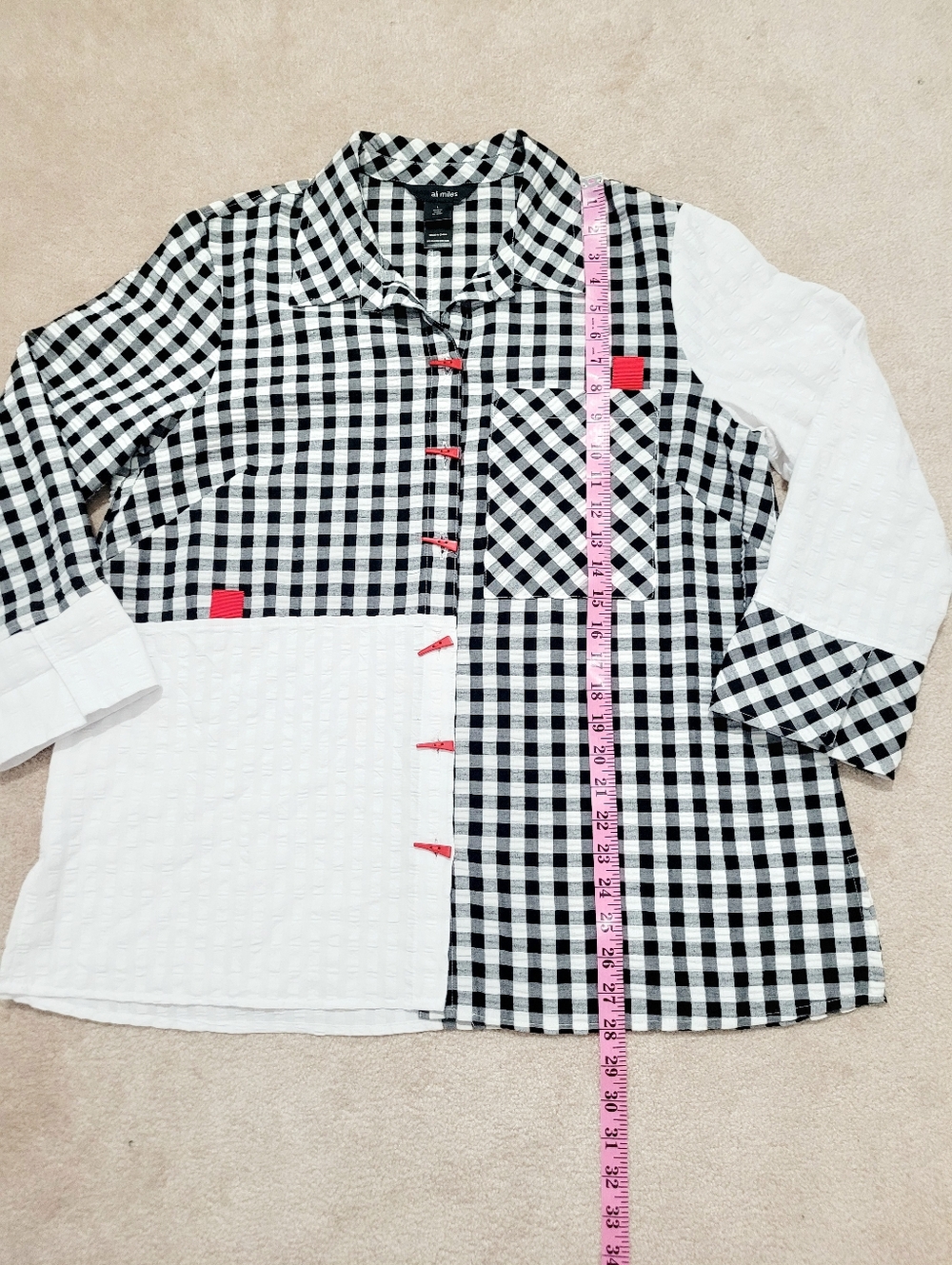 Ali Miles Large Black White Gingham Patchwork Tunic Shirt Artsy Button Top Fun - Picture 13 of 15